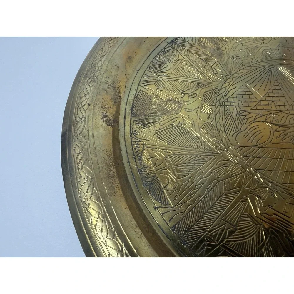 Brass Etched‎ Dish Plate Egyptian Theme Pyramids Wall Hanging Decor Vintage